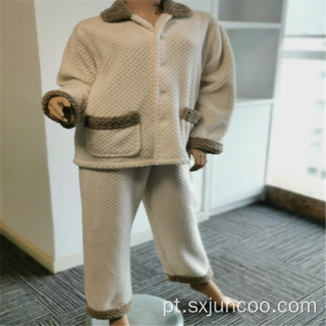 Pijama de lapela com bolsos escovados 100% poliéster feminino